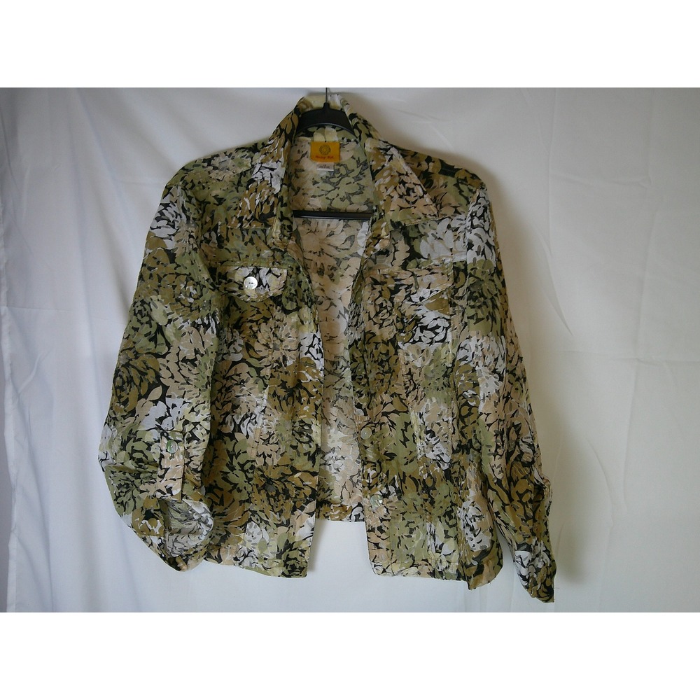 Ruby Rd Womens Button Up Shirt Jacket Floral Print Green Tan White Size 14
